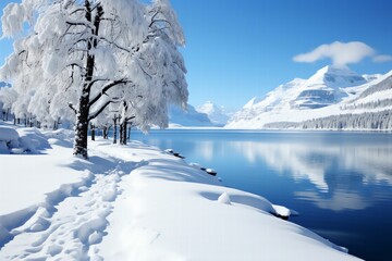 Grande entendue de neige a perte de vue, jolie lac à proximité, belle arbres sur le chemin qui mène à la rivière