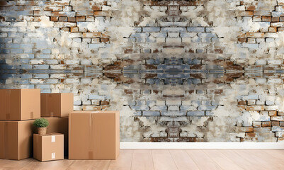 Pile of cardboard boxes on floor in front of vintage brick wall in an apartment. Moving concept.