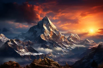 Photo sur Plexiglas Mont Blanc Superbe montagne au couché du soleil, paysage enneigé, montagne pointu comme l'Everest, beau temps et peu de nuage, 