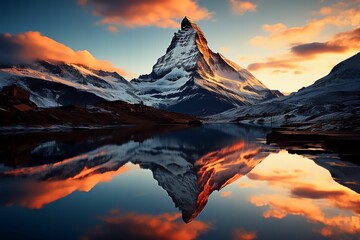 Grande montagne pointu et enneigé qui reflète dans un jolie lac transparent, ciel bleu avec de léger nuage au lever du soleil