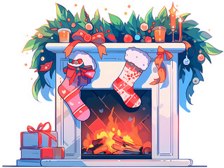 Christmas fireplace with lots of decor and christmas socks.Generative Ai