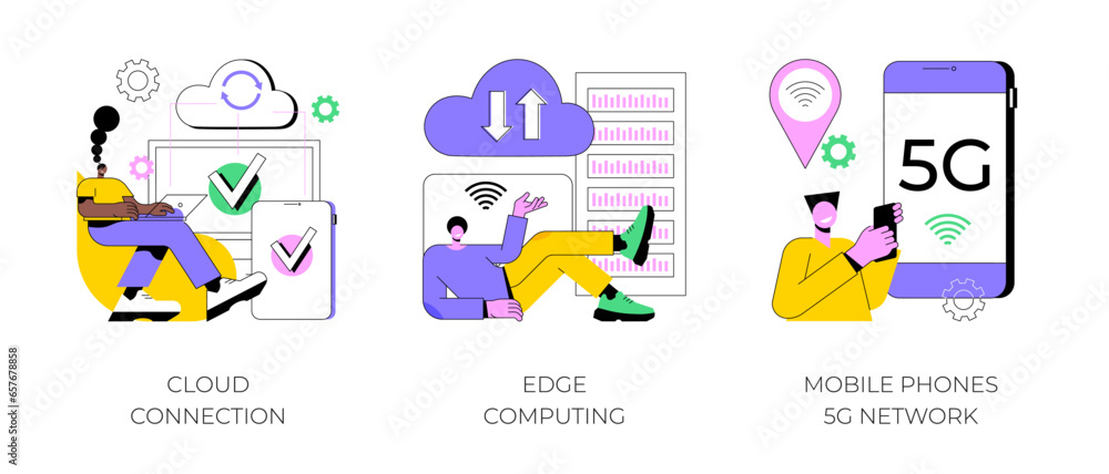 Poster online data transfer abstract concept vector illustration set. cloud connection, edge computing, mob