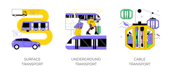 Public transport abstract concept vector illustration set. Surface, underground and cable transport, road and highway, trolleybus, bus stop, subway train station, passenger traffic abstract metaphor. - 657679644