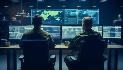 Military command center. Rear view two military men sitting at the desk and looking at monitors. Intelligence service. Secret service. - obrazy, fototapety, plakaty