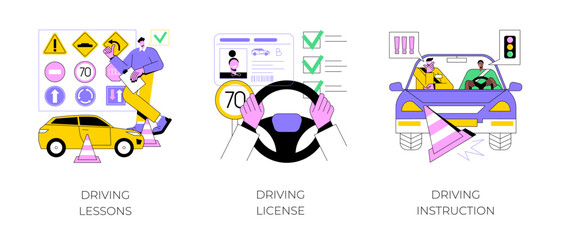 Driving school abstract concept vector illustration set. Driving lessons and instruction, driving license, passing test, ID card, international permit, exam preparation, certificate abstract metaphor. - 657679830