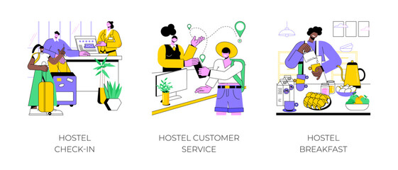 Hostel business isolated cartoon vector illustrations set. Check-in process, dormitory room, customer service, receptionist giving instructions to customer, worker serving breakfast vector cartoon.