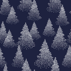 Seamless Christmas pattern with fir trees in snow. Winter forest vector illustration
