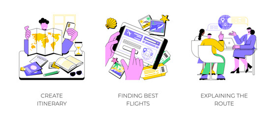 Travel planner isolated cartoon vector illustrations set. Create itinerary for holiday trip using map, finding best flights online, explaining the route to a customer, travel service vector cartoon.