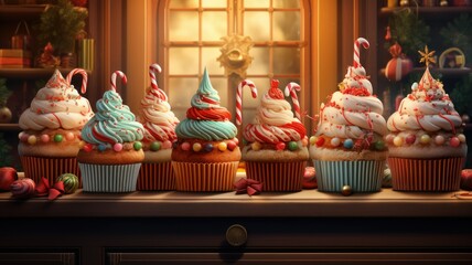 holiday-themed cupcakes. the neat arrangement of cupcakes in piping bags, and minimalistic decor elements, both appetizing and visually pleasing. - obrazy, fototapety, plakaty