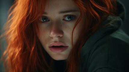 Fototapeta premium Portrait of a beautiful red-haired girl with freckles on her face