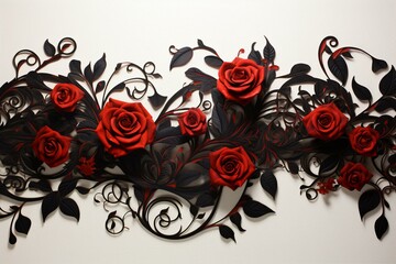 Black floral border with red roses. Generative AI