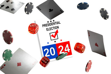 Presidential Election 2024 text on white paper over waving American Flag. Politics and voting conceptual. Top view