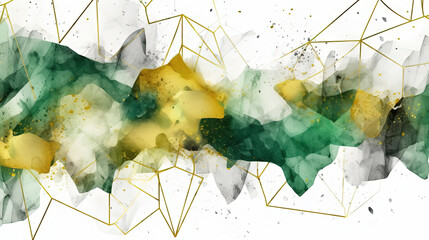 Mixed Abstract Art of Watercolor Green and Gold Color Wavy and Curve Triangle Particles on White Background