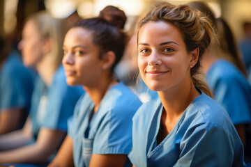 Confident Young Female Nurse with Students at Medical Training