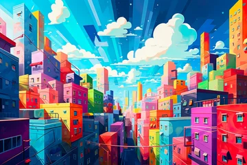 Foto op Canvas The tops of multi-storey buildings against the sky, a city landscape in a mixed style of groovy and pop-art © Hanna