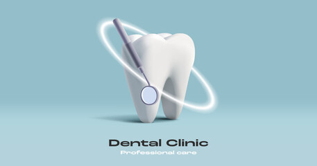 3D illustration of a tooth with dental mirrow and protective shiny circle, dental care poster