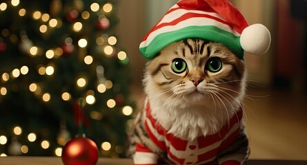 a cat dressed as Santa Claus with a miniature sleigh and presents in a cozy living room. the pet's adorable holiday outfit and cheerful expressions.