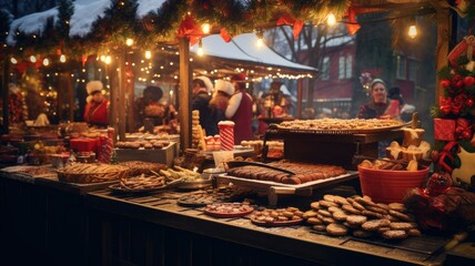 a vendor's stall filled with an array of holiday goodies, from handmade crafts to festive treats. the vibrant colors and textures of the items for sale.
