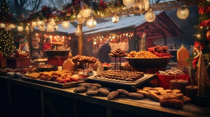 a vendor's stall filled with an array of holiday goodies, from handmade crafts to festive treats. the vibrant colors and textures of the items for sale. - obrazy, fototapety, plakaty
