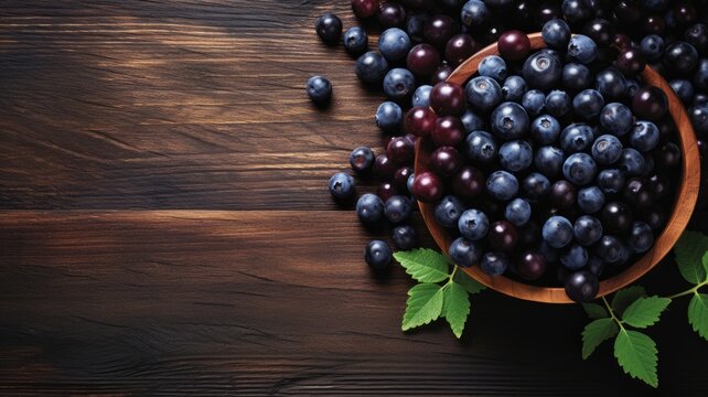 Fresh Organic Acai Berry Photorealistic Horizontal Background. Healthy Vegetarian Diet. Ai Generated Background with Delicious Juicy Acai Berry On Wooden Countertop with Copy Space.