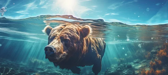 Mix grizzly bear and pig animal swimming underwater. Generative AI technology.   © Hero Design