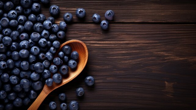 Fresh Organic Bilberry Berry Photorealistic Horizontal Background. Healthy Vegetarian Diet. Ai Generated Background with Delicious Juicy Bilberry Berry On Wooden Countertop with Copy Space.