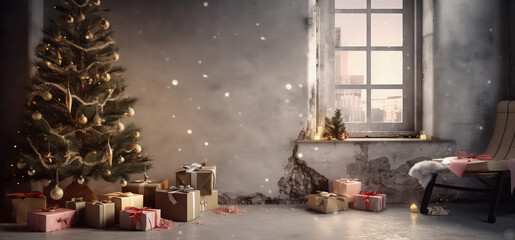 Loft apartment, room decorated Christmas tree, gift boxes, light, candles on concrete textured place. Photozone. Modern interior mock up for holidays. Gorgeous New Year background. Generative ai.