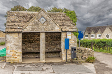 Old historic bus shelter in Nympsfield, Cotswolds, Gloucestershire, United Kingdom.