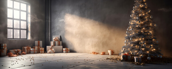 Loft apartment, room decorated Christmas tree, gift boxes, light, candles on concrete textured place. Photozone. Modern interior mock up for holidays. Gorgeous New Year background. Generative ai.