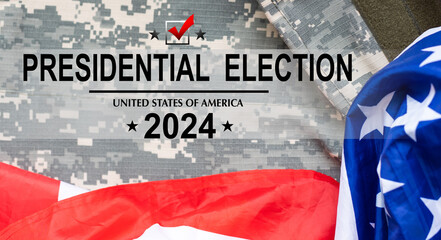 Politics and voting concept. Part of the American flag with Presidential election 2024 text on white paper over a vintage background 
