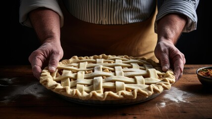 preparation of a holiday pie. the simple, clean ingredients and the hands of the baker gently crimping the crust, to emphasize the minimalist aesthetic.