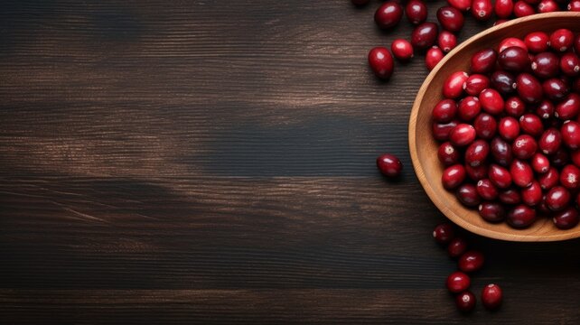 Fresh Organic Cranberry Berry Photorealistic Horizontal Background. Healthy Vegetarian Diet. Ai Generated Background with Delicious Juicy Cranberry Berry On Wooden Countertop with Copy Space.