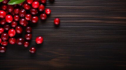 Fresh Organic Cranberry Berry Photorealistic Horizontal Background. Healthy Vegetarian Diet. Ai Generated Background with Delicious Juicy Cranberry Berry On Wooden Countertop with Copy Space.