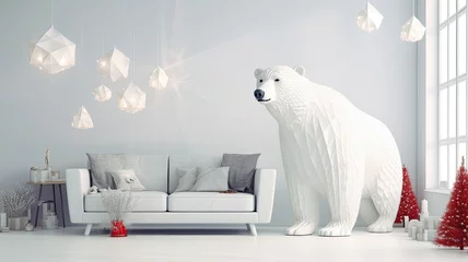 Küchenrückwand glas motiv Nordlichter a serene scene of a modern living room with a beautifully decorated Christmas tree. Realistic polar bear figurines are placed under the tree, surrounded by minimalistic ornaments or soft, white lights