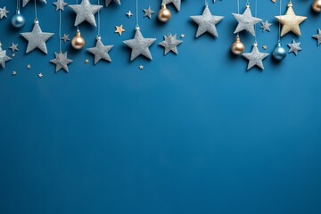 Christmas decorations on the blue background. Flat lay, top view with copy space for your text.