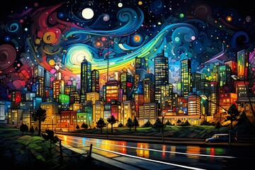 phantasmogorical night city with glowing lights and colored tints in the night starry sky. Cityscape - obrazy, fototapety, plakaty