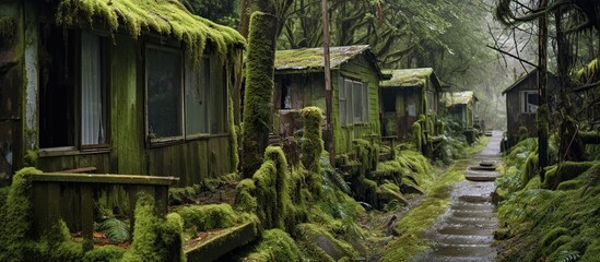 mossy modern houses abandoned in the city