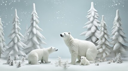 a serene scene of a modern living room with a beautifully decorated Christmas tree. Realistic polar bear figurines are placed under the tree, surrounded by minimalistic ornaments or soft, white lights