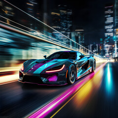 Fototapeta premium Car speeding through the city. Generative ai. 
