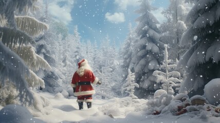 Santa Claus in a magical, snow-covered forest setting, surrounded by towering evergreen trees and softly falling snowflakes. Santa's red suit contrasts beautifully with the serene white landscape. © lililia