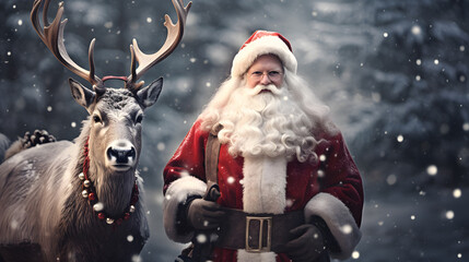 Santa Claus with deer and pine trees are falling.