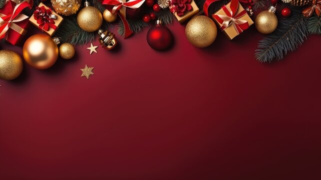 Merry Christmas ornament gift red maroon plain background border arrangement