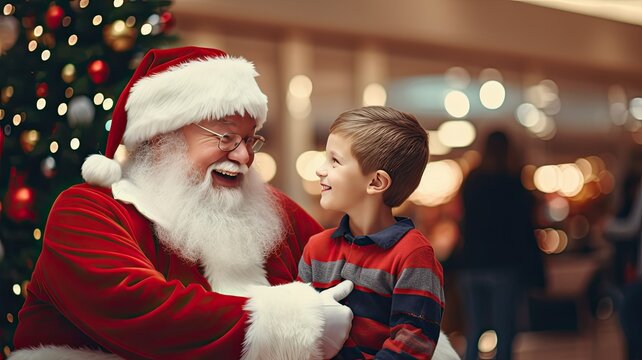 children as they meet Santa at the mall. Focus on genuine reactions and emotions as kids share their Christmas wishes. A clean, modern mall backdrop can add a minimalist touch.