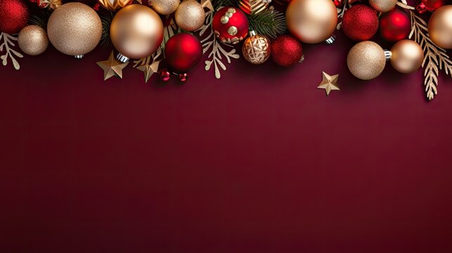 Merry Christmas ornament gift red maroon plain background border arrangement - Powered by Adobe