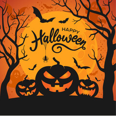 Happy Halloween social media post 
with Halloween text, lettering, type, logo, 
vector, jack o lantern, cemetery, background, orange 
for party invitation, flyer, bunting, sign, printable banner