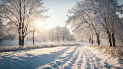 Obraz premium Park view on a winter morning with sunlight shining through snow-covered tree branches. Natural winter landscape