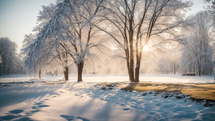 Park view on a winter morning with sunlight shining through snow-covered tree branches. Natural winter landscape