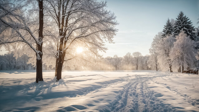 Park view on a winter morning with sunlight shining through snow-covered tree branches. Natural winter landscape