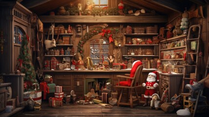 Santa Claus in his whimsical workshop, crafting toys and checking his list. the cozy, clutter-free environment where the magic happens, with a minimalist, modern twist. - obrazy, fototapety, plakaty