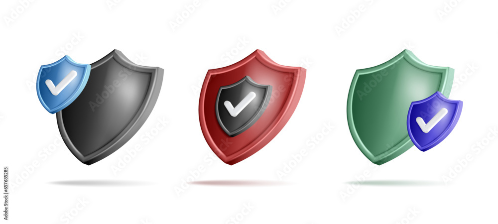 Aufkleber colored shields icons collection. 3d vector isolated shield digital label in different colors with c
